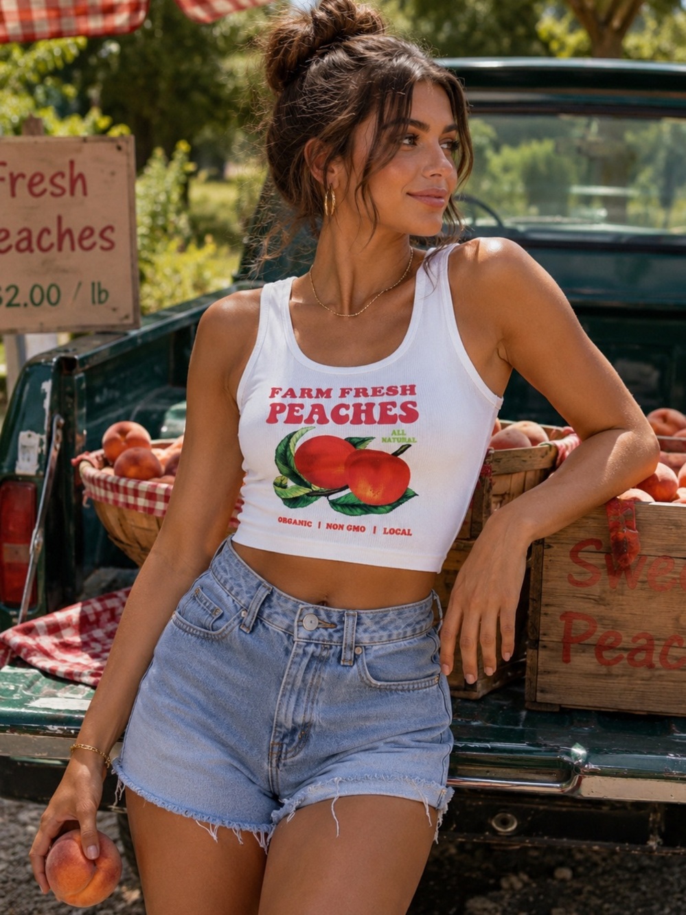 Farm Fresh Peaches Graphic Crop Tank Top